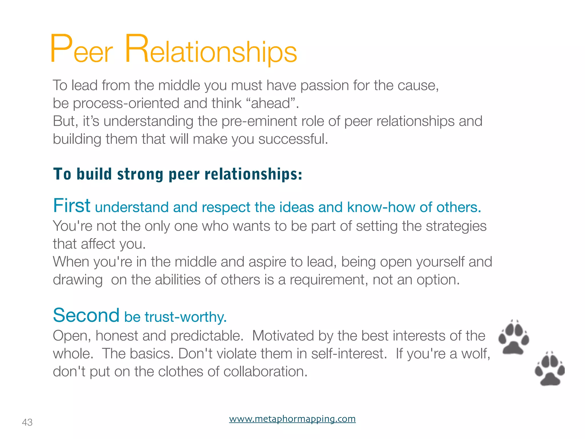 Peer Relationships
     To lead from the middle you must have passion for the cause, 
     be process-oriented and think “ahead”.
     But, it’s understanding the pre-eminent role of peer relationships and
     building them that will make you successful.

     To build strong peer relationships:

     First understand and respect the ideas and know-how of others. 
     You're not the only one who wants to be part of setting the strategies
     that affect you.
     When you're in the middle and aspire to lead, being open yourself and
     drawing  on the abilities of others is a requirement, not an option.
      
     Second be trust-worthy.
     Open, honest and predictable.  Motivated by the best interests of the
     whole.  The basics. Don't violate them in self-interest.  If you're a wolf,
     don't put on the clothes of collaboration.


43                                 www.metaphormapping.com
 