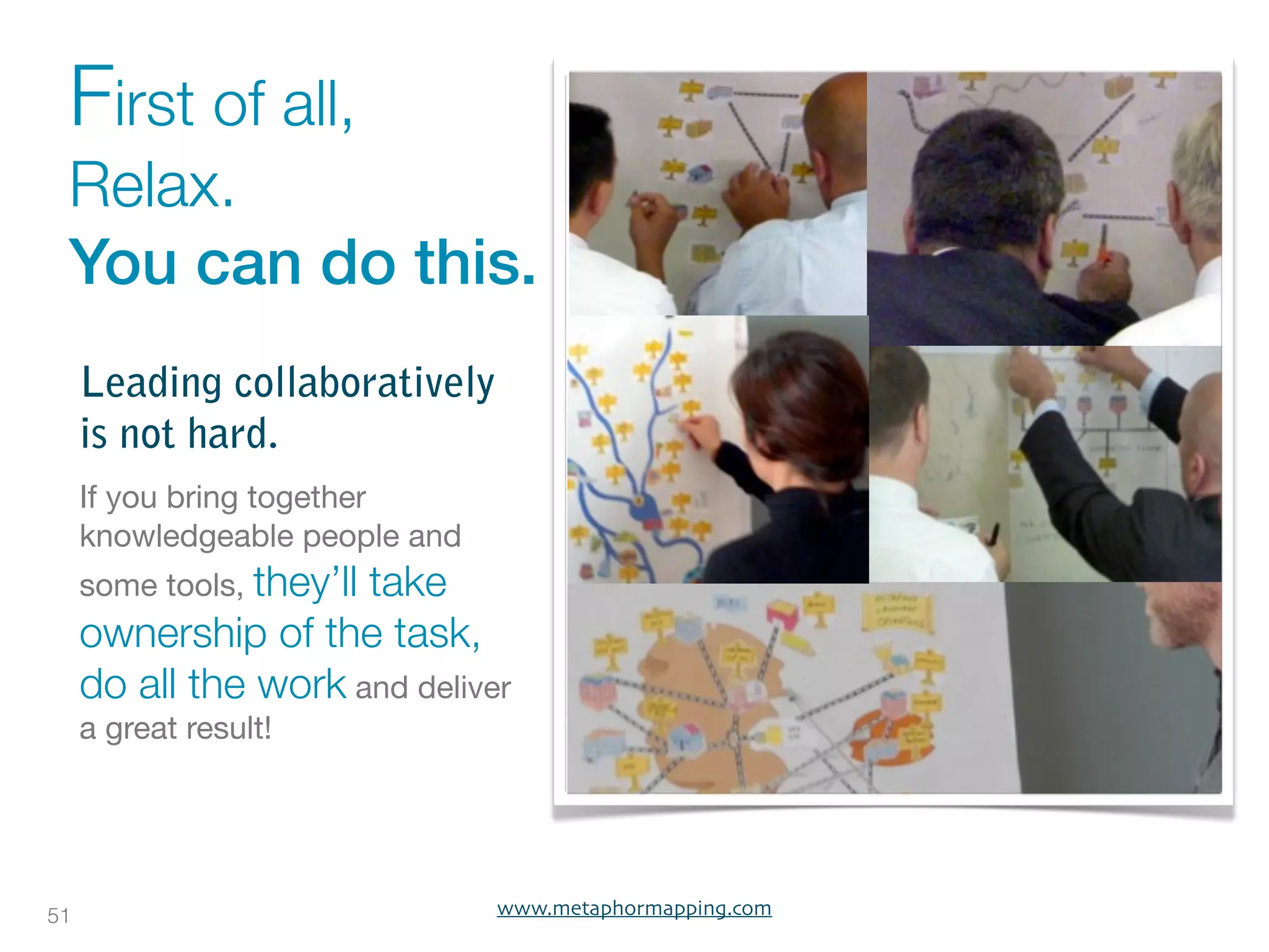 First of all,
 Relax.
 You can do this.
     Leading collaboratively
     is not hard.
     If you bring together
     knowledgeable people and
     some tools, they’ll
                      take
     ownership of the task,
     do all the work and deliver
     a great result!




51                              www.metaphormapping.com
 