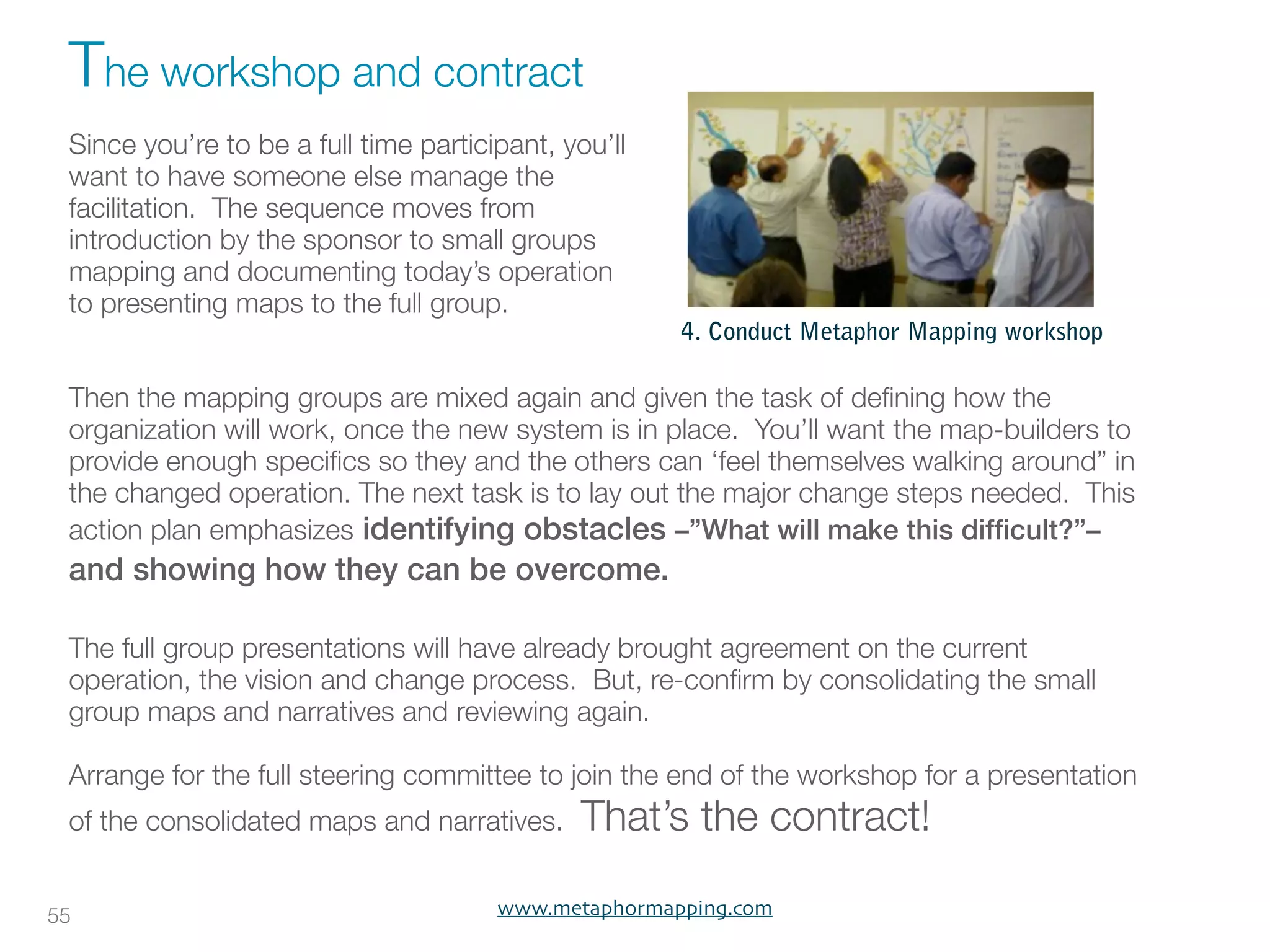 The workshop and contract
 Since you’re to be a full time participant, you’ll
 want to have someone else manage the
 facilitation. The sequence moves from
 introduction by the sponsor to small groups
 mapping and documenting today’s operation
 to presenting maps to the full group.
                                                      4. Conduct Metaphor Mapping workshop

 Then the mapping groups are mixed again and given the task of deﬁning how the
 organization will work, once the new system is in place. You’ll want the map-builders to
 provide enough speciﬁcs so they and the others can ‘feel themselves walking around” in
 the changed operation. The next task is to lay out the major change steps needed. This
 action plan emphasizes identifying obstacles –”What will make this difﬁcult?”–
 and showing how they can be overcome.

 The full group presentations will have already brought agreement on the current
 operation, the vision and change process. But, re-conﬁrm by consolidating the small
 group maps and narratives and reviewing again.

 Arrange for the full steering committee to join the end of the workshop for a presentation
 of the consolidated maps and narratives.     That’s the contract!

55                                     www.metaphormapping.com
 