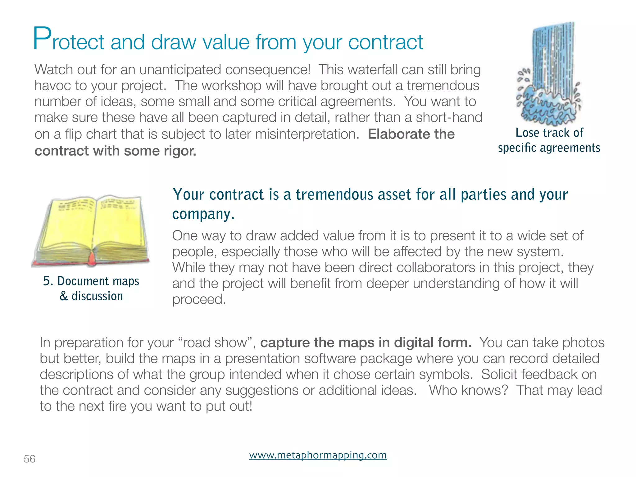 Protect and draw value from your contract
 Watch out for an unanticipated consequence! This waterfall can still bring
 havoc to your project. The workshop will have brought out a tremendous
 number of ideas, some small and some critical agreements. You want to
 make sure these have all been captured in detail, rather than a short-hand
 on a ﬂip chart that is subject to later misinterpretation. Elaborate the          Lose track of
 contract with some rigor.                                                      specific agreements


                          Your contract is a tremendous asset for all parties and your
                          company.
                          One way to draw added value from it is to present it to a wide set of
                          people, especially those who will be affected by the new system.
                          While they may not have been direct collaborators in this project, they
     5. Document maps     and the project will beneﬁt from deeper understanding of how it will
        & discussion      proceed.


     In preparation for your “road show”, capture the maps in digital form. You can take photos
     but better, build the maps in a presentation software package where you can record detailed
     descriptions of what the group intended when it chose certain symbols. Solicit feedback on
     the contract and consider any suggestions or additional ideas. Who knows? That may lead
     to the next ﬁre you want to put out!


56                                    www.metaphormapping.com
 