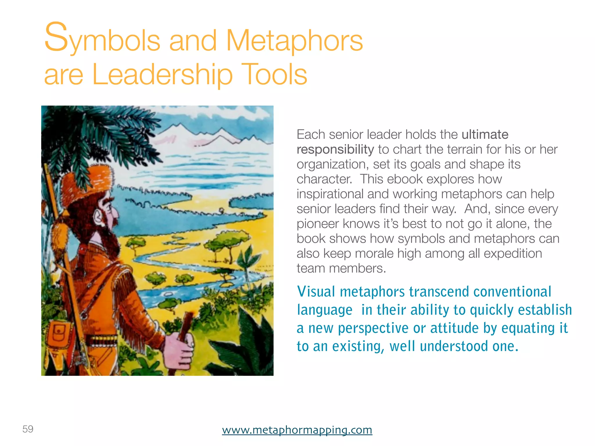 Symbols and Metaphors
     are Leadership Tools
                             Each senior leader holds the ultimate
                             responsibility to chart the terrain for his or her
                             organization, set its goals and shape its
                             character. This ebook explores how
                             inspirational and working metaphors can help
                             senior leaders ﬁnd their way. And, since every
                             pioneer knows it’s best to not go it alone, the
                             book shows how symbols and metaphors can
                             also keep morale high among all expedition
                             team members.
                             Visual metaphors transcend conventional
                             language in their ability to quickly establish
                             a new perspective or attitude by equating it
                             to an existing, well understood one.




59                www.metaphormapping.com
 