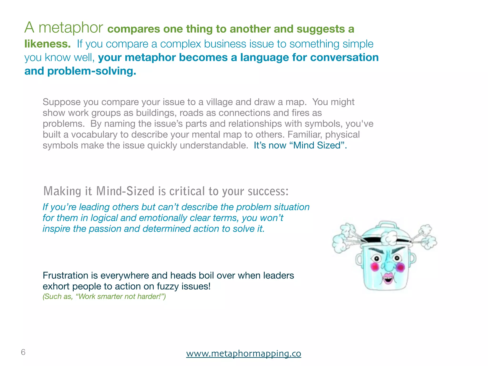 A metaphor compares one thing to another and suggests a
likeness.  If you compare a complex business issue to something simple
you know well, your metaphor becomes a language for conversation
and problem-solving.

    Suppose you compare your issue to a village and draw a map.  You might
    show work groups as buildings, roads as connections and ﬁres as
    problems.  By naming the issue’s parts and relationships with symbols, you've
    built a vocabulary to describe your mental map to others. Familiar, physical
    symbols make the issue quickly understandable.  It’s now “Mind Sized”.



    Making it Mind-Sized is critical to your success:
    If you’re leading others but can’t describe the problem situation
    for them in logical and emotionally clear terms, you won’t
    inspire the passion and determined action to solve it.



    Frustration is everywhere and heads boil over when leaders
    exhort people to action on fuzzy issues!
    (Such as, “Work smarter not harder!”)




6                                           www.metaphormapping.co
 