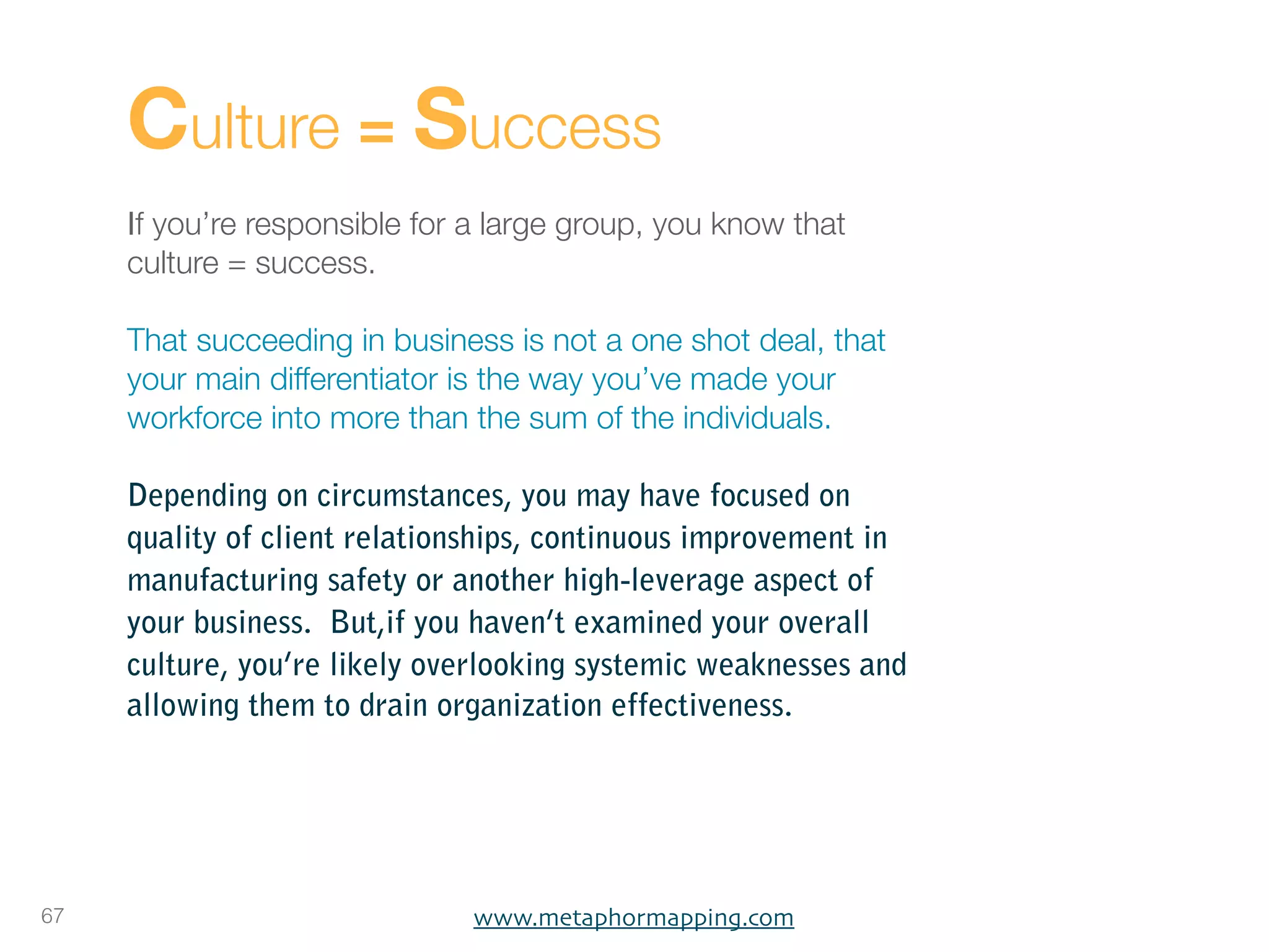 Culture = Success
     If you’re responsible for a large group, you know that
     culture = success.

     That succeeding in business is not a one shot deal, that
     your main differentiator is the way you’ve made your
     workforce into more than the sum of the individuals.

     Depending on circumstances, you may have focused on
     quality of client relationships, continuous improvement in
     manufacturing safety or another high-leverage aspect of
     your business. But,if you haven’t examined your overall
     culture, you’re likely overlooking systemic weaknesses and
     allowing them to drain organization effectiveness.




67                             www.metaphormapping.com
 