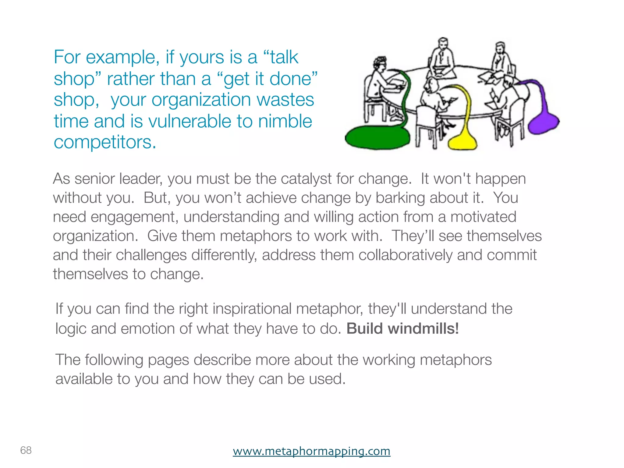 For example, if yours is a “talk
     shop” rather than a “get it done”
     shop,  your organization wastes
     time and is vulnerable to nimble
     competitors.  
     As senior leader, you must be the catalyst for change.  It won't happen
     without you.  But, you won’t achieve change by barking about it.  You
     need engagement, understanding and willing action from a motivated
     organization.  Give them metaphors to work with.  They’ll see themselves
     and their challenges differently, address them collaboratively and commit
     themselves to change.  

     If you can ﬁnd the right inspirational metaphor, they'll understand the
     logic and emotion of what they have to do. Build windmills!

     The following pages describe more about the working metaphors
     available to you and how they can be used.



68                              www.metaphormapping.com
 