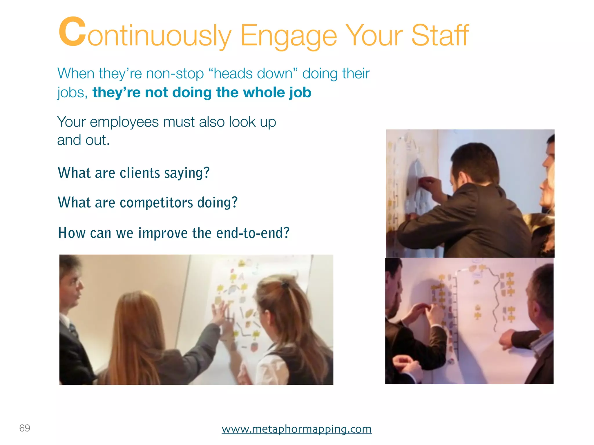 Continuously Engage Your Staff
     When they’re non-stop “heads down” doing their
     jobs, they’re not doing the whole job
     Your employees must also look up
     and out.

     What are clients saying?

     What are competitors doing?

     How can we improve the end-to-end?




69                              www.metaphormapping.com
 