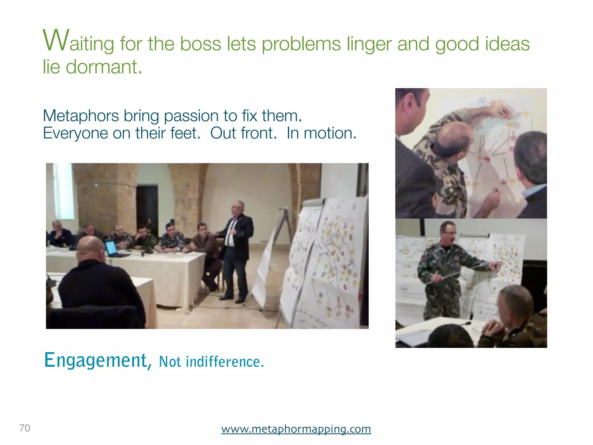 Waiting for the boss lets problems linger and good ideas
     lie dormant.

     Metaphors bring passion to ﬁx them.  
     Everyone on their feet.  Out front.  In motion.




     Engagement, Not indifference.


70                             www.metaphormapping.com
 