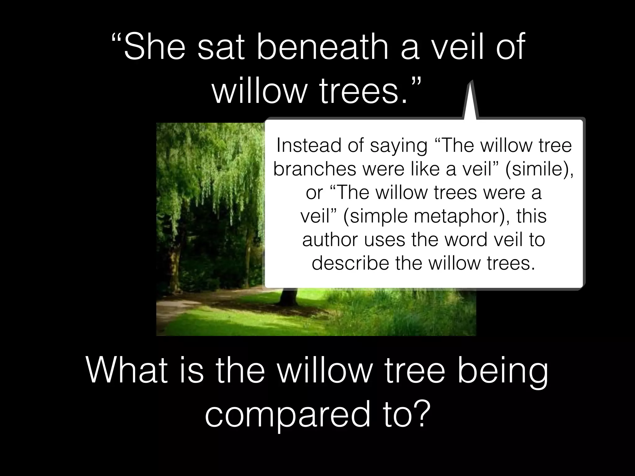 “She sat beneath a veil of
willow trees.”
What is the willow tree being
compared to?
Instead of saying “The willow tree
branches were like a veil” (simile),
or “The willow trees were a
veil” (simple metaphor), this
author uses the word veil to
describe the willow trees.
 