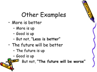 Other Examples More is better  More is up  Good is up But not,  “Less is better” The future will be better  The future is up  Good is up  But not,  “The future will be worse” 