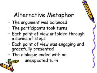 Alternative Metaphor The argument was balanced The participants took turns Each point of view unfolded through a series of steps Each point of view was engaging and gracefully presented The dialogue ended with an  unexpected turn 