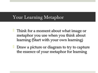 Your Learning Metaphor

 Think for a moment about what image or
  metaphor you use when you think about
  learning (Start with your own learning)
 Draw a picture or diagram to try to capture
  the essence of your metaphor for learning
 
