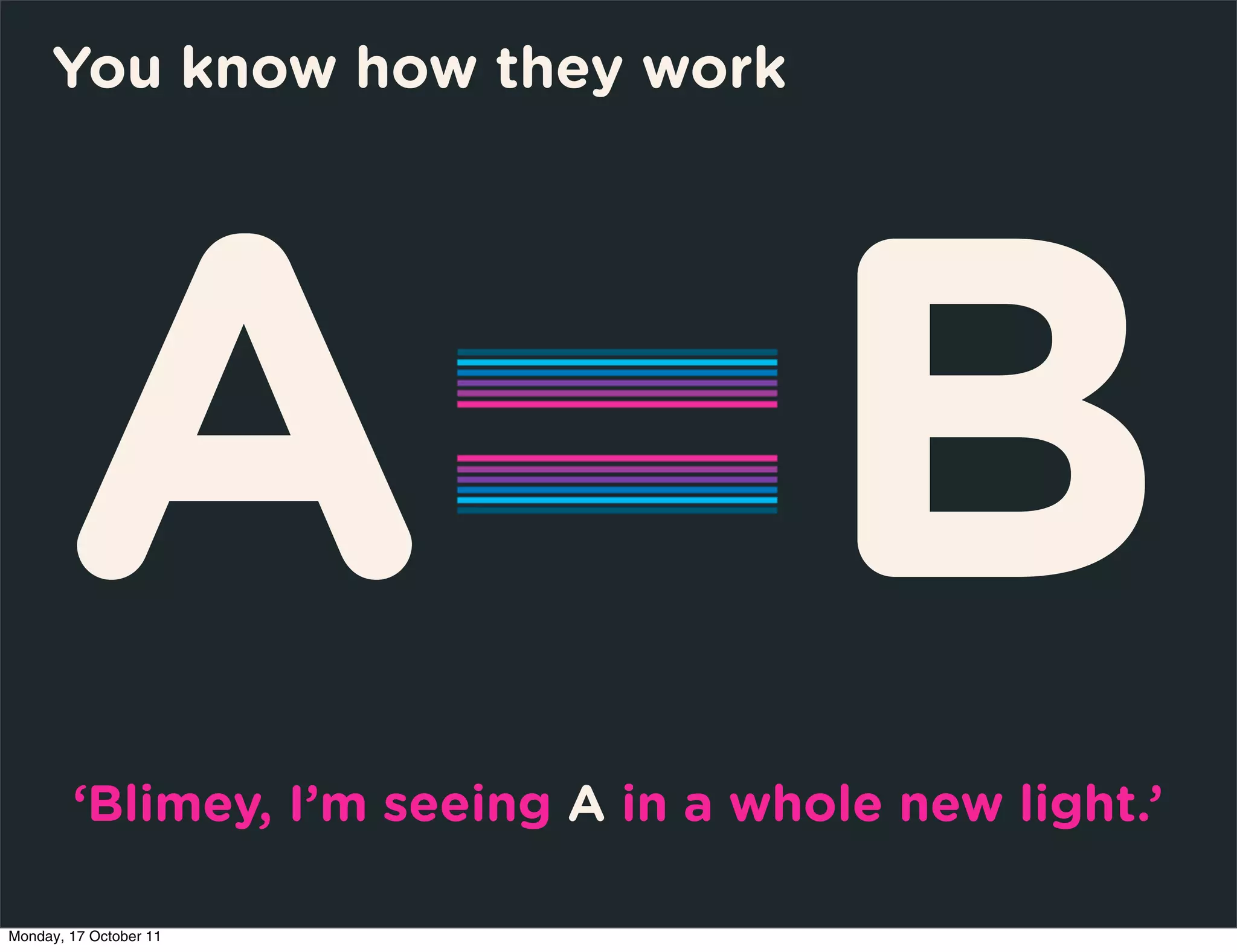 You know how they work




       A B
        ‘Blimey, I’m seeing A in a whole new light.’

Monday, 17 October 11
 