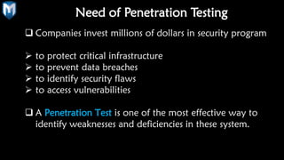 Need of Penetration Testing
 Companies invest millions of dollars in security program
 to protect critical infrastructure
 to prevent data breaches
 to identify security flaws
 to access vulnerabilities
 A Penetration Test is one of the most effective way to
identify weaknesses and deficiencies in these system.
 