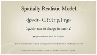 Spatially Realistic Model d p i /dt= C i ( t)[1-p i ]- e i p i (d p i /dt= rate of change in patch  i ) pi=  probability that patch  i  is occupied C i (t)= colonization rate in patch  i,  taking connectivity between all patches into account ei= extinction rate in patch i , which is a function of the area of patch i 