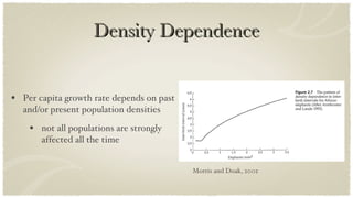 Density Dependence Per capita growth rate depends on past and/or present population densities not all populations are strongly affected all the time Morris and Doak, 2002 