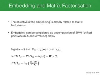 Embedding and Matrix Factorisation
• The objective of the embedding is closely related to matrix
factorisation
• Embedding can be considered as decomposition of SPMI (shifted
pointwise mutual information) matrix
Levy O et al. 2014
 
