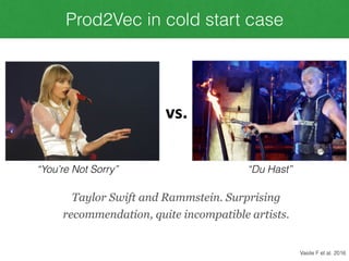 Prod2Vec in cold start case
“You’re Not Sorry” “Du Hast”
Vasile F et al. 2016
 