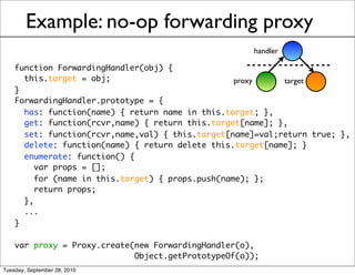 Example: no-op forwarding proxy
                                                     handler

    function ForwardingHandler(obj) {
      this.target = obj;                           proxy    target
    }
    ForwardingHandler.prototype = {
      has: function(name) { return name in this.target; },
      get: function(rcvr,name) { return this.target[name]; },
      set: function(rcvr,name,val) { this.target[name]=val;return true; },
      delete: function(name) { return delete this.target[name]; }
      enumerate: function() {
        var props = [];
         for (name in this.target) { props.push(name); };
         return props;
      },
      ...
    }

    var proxy = Proxy.create(new ForwardingHandler(o),
                             Object.getPrototypeOf(o));
Tuesday, September 28, 2010
 