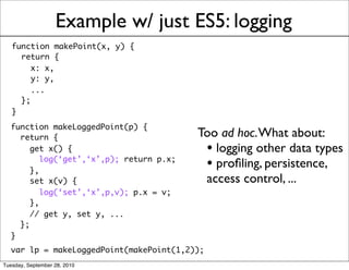 Example w/ just ES5: logging
   function makePoint(x, y) {
     return {
        x: x,
        y: y,
        ...
     };
 ...