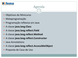 Agenda
                                 2

 Objetivos do Minicurso
 Metaprogramação
 Programação reflexiva em Java
 A classe java.lang.Class
 A classe java.lang.reflect.Field
 A classe java.lang.reflect.Method
 A classe java.lang.reflect.Constructor
 Java Annotations
 A classe java.lang.reflect.AccessibleObject
 Proposta de Caso de Uso
 