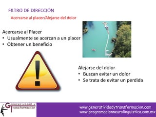FILTRO DE DIRECCIÓN
Acercarse al placer/Alejarse del dolor
Acercarse al Placer
• Usualmente se acercan a un placer
• Obtener un beneficio
Alejarse del dolor
• Buscan evitar un dolor
• Se trata de evitar un perdida
www.generatividadytransformacion.com
www.programacionneurolinguistica.com.mx
 