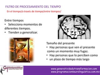 FILTRO DE PROCESAMIENTO DEL TIEMPO
En el tiempo/a través de tiempo/entre tiempos/
Entre tiempos
• Selecciona momentos de
diferentes tiempos.
• Tienden a generalizar.
Tamaño del presente
• Hay personas que ven el presente
como un momento muy fugaz.
• Hay personas que lo perciben como
• un plazo de tiempo más largo
www.generatividadytransformacion.com
www.programacionneurolinguistica.com.mx
 