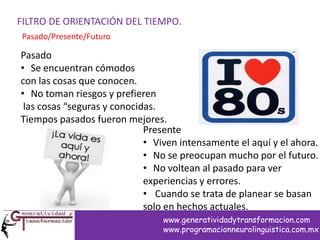FILTRO DE ORIENTACIÓN DEL TIEMPO.
Pasado/Presente/Futuro
Pasado
• Se encuentran cómodos
con las cosas que conocen.
• No toman riesgos y prefieren
las cosas “seguras y conocidas.
Tiempos pasados fueron mejores.
Presente
• Viven intensamente el aquí y el ahora.
• No se preocupan mucho por el futuro.
• No voltean al pasado para ver
experiencias y errores.
• Cuando se trata de planear se basan
solo en hechos actuales.
www.generatividadytransformacion.com
www.programacionneurolinguistica.com.mx
 