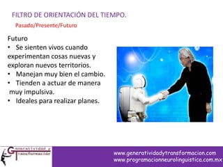 FILTRO DE ORIENTACIÓN DEL TIEMPO.
Pasado/Presente/Futuro
Futuro
• Se sienten vivos cuando
experimentan cosas nuevas y
exploran nuevos territorios.
• Manejan muy bien el cambio.
• Tienden a actuar de manera
muy impulsiva.
• Ideales para realizar planes.
www.generatividadytransformacion.com
www.programacionneurolinguistica.com.mx
 