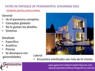 FILTRO DE ENFOQUE DE PENSAMIENTO. (CHUNKING SIZE)
GENERAL/DETALLADO/LATERAL
General
• Ve el panorama completo.
• Conceptos globales
• No le gustan los detalles.
• Sintetiza.
Detallado
• Específico
• Analítico
• Preciso
• Se desespera con
generalidades. Lateral
• Encuentra similitudes con más de lo mismo
www.generatividadytransformacion.com
www.programacionneurolinguistica.com.mx
 