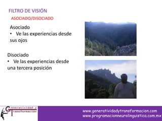 FILTRO DE VISIÓN
Asociado
• Ve las experiencias desde
sus ojos
ASOCIADO/DISOCIADO
Disociado
• Ve las experiencias desde
una tercera posición
www.generatividadytransformacion.com
www.programacionneurolinguistica.com.mx
 