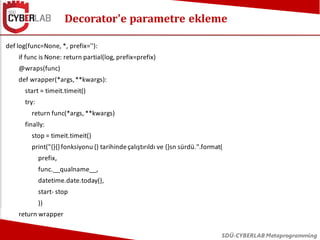 Decorator'e parametre ekleme
SDÜ-CYBERLAB Metaprogramming
def log(func=None, *, prefix=''):
if func is None: return partia...