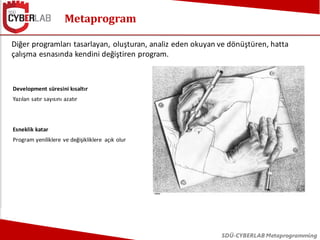 Metaprogram
SDÜ-CYBERLAB Metaprogramming
Diğer programları tasarlayan, oluşturan, analiz eden okuyan ve dönüştüren, hatta
...