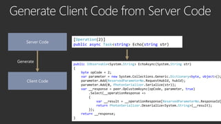 Generate Client Code from Server Code
Server Code
Client Code
Generate
[Operation(2)]
public async Task<string> Echo(strin...
