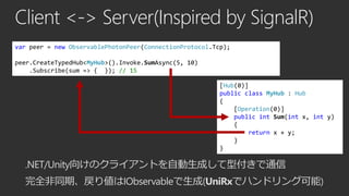 Client <-> Server(Inspired by SignalR)
.NET/Unity向けのクライアントを自動生成して型付きで通信
完全非同期、戻り値はIObservableで生成(UniRxでハンドリング可能)
[Hub(0)]
...