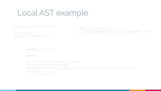 Local AST example 
import geecon2014.Version 
@Version('1.0') 
class VersionedClass { 
} 
package geecon2014 
import ... 
@Retention(RetentionPolicy.SOURCE) 
@Target([ElementType.TYPE]) 
@GroovyASTTransformationClass("geecon2014.VersionASTTransformation") 
@interface Version { 
String value() 
} 
class VersionedClass { 
public static final String VERSION = "1.0" 
} 
 