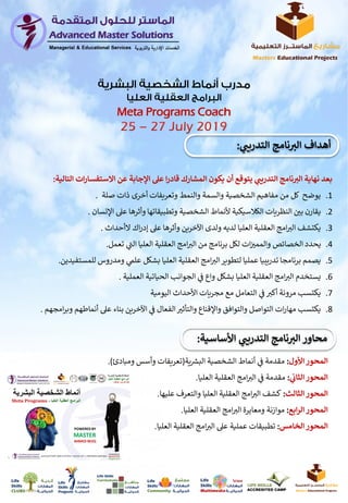 ‫ر‬‫التدريب‬ ‫نامج‬ ‫ر‬‫الت‬ ‫أهداف‬:
‫المحور‬‫األول‬:‫ي‬
‫ن‬
‫ف‬ ‫مقدمة‬‫ية‬ ‫ر‬‫البش‬ ‫الشخصية‬ ‫أنماط‬(‫تعريفات‬‫ومب‬ ‫وأسس‬‫ادئ‬).
‫المحور‬‫الثاب‬:‫العليا‬ ‫العقلية‬ ‫امج‬‫الت‬ ‫ي‬
‫ن‬
‫ف‬ ‫مقدمة‬.
‫الثالث‬‫المحور‬:‫عليها‬ ‫والتعرف‬ ‫العليا‬ ‫العقلية‬ ‫امج‬‫الت‬ ‫كشف‬.
‫المحور‬‫ابع‬‫ر‬‫ال‬:‫العليا‬ ‫العقلية‬ ‫امج‬‫الت‬ ‫ومعايرة‬ ‫موازنة‬.
‫المحور‬‫الخامس‬:‫العليا‬ ‫العقلية‬ ‫امج‬‫الت‬ ‫عىل‬ ‫عملية‬ ‫تطبيقات‬.
‫الستفس‬ ‫عن‬ ‫اإلجابة‬ ‫عىل‬ ‫ا‬‫ر‬‫قاد‬ ‫المشارك‬ ‫يكون‬ ‫أن‬ ‫يتوقع‬ ‫ر‬‫التدريب‬ ‫نامج‬ ‫ر‬‫الت‬ ‫نهاية‬ ‫بعد‬‫التالية‬ ‫ات‬‫ر‬‫ا‬:
.1‫صلة‬ ‫ذات‬ ‫أخرى‬ ‫وتعريفات‬ ‫والنمط‬ ‫والسمة‬ ‫الشخصية‬ ‫مفاهيم‬ ‫من‬ ‫كل‬ ‫يوضح‬.
.2‫اإلنس‬ ‫عىل‬ ‫وأثرها‬ ‫وتطبيقاتها‬ ‫الشخصية‬ ‫ألنماط‬ ‫الكالسيكية‬ ‫النظريات‬ ‫ن‬‫بي‬ ‫يقارن‬‫ان‬.
.3‫العليا‬ ‫العقلية‬ ‫امج‬‫الت‬ ‫يكتشف‬‫وأثرها‬ ‫اآلخرين‬ ‫ولدى‬ ‫لديه‬‫عىل‬‫الأحداث‬ ‫اك‬‫ر‬‫إد‬.
.4‫تعمل‬ ‫ي‬
‫ر‬‫الت‬ ‫العليا‬ ‫العقلية‬ ‫امج‬‫الت‬ ‫من‬ ‫برنامج‬ ‫لكل‬ ‫ات‬‫ن‬‫والممت‬ ‫الخصائص‬ ‫يحدد‬.
.5‫ي‬‫علم‬ ‫بشكل‬ ‫العليا‬ ‫العقلية‬ ‫امج‬‫الت‬‫لتطوير‬ ‫عمليا‬ ‫تدريبيا‬ ‫برنامجا‬ ‫يصمم‬‫ومدروس‬‫للمستفيدين‬.
.6‫العملية‬ ‫الحياتية‬ ‫الجوانب‬ ‫ي‬
‫ن‬
‫ف‬ ‫واع‬ ‫بشكل‬ ‫العليا‬ ‫العقلية‬ ‫امج‬‫الت‬ ‫يستخدم‬.
.7‫اليومية‬ ‫األحداث‬ ‫مجريات‬ ‫مع‬ ‫التعامل‬ ‫ي‬
‫ن‬
‫ف‬‫أكت‬ ‫مرونة‬ ‫يكتسب‬
.8‫عىل‬ ‫بناء‬ ‫اآلخرين‬ ‫ي‬
‫ن‬
‫ف‬ ‫الفعال‬‫والتأثت‬ ‫واإلقناع‬ ‫والتوافق‬ ‫التواصل‬ ‫ات‬‫ر‬‫مها‬ ‫يكتسب‬‫امجهم‬‫ر‬‫وب‬ ‫أنماطهم‬.
‫محاور‬‫األساس‬ ‫ر‬‫التدريب‬ ‫نامج‬ ‫ر‬‫الت‬‫ية‬:
Meta Programs Coach
 