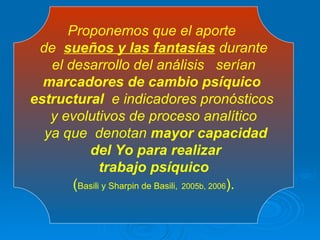 Proponemos que el aporte  de  sueños y las fantasías  durante el desarrollo del análisis  serían  marcadores de cambio psíquico  estructural   e indicadores pronósticos  y evolutivos de proceso analítico ya que  denotan  mayor capacidad del Yo para realizar trabajo psíquico   ( Basili y Sharpin de Basili,   2005b, 2006 ). 