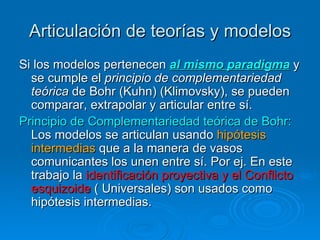 Articulación de teorías y modelos Si los modelos pertenecen  al mismo paradigma  y se cumple el  principio de complementariedad teórica  de Bohr (Kuhn) (Klimovsky), se pueden comparar, extrapolar y articular entre sí. Principio de Complementariedad teórica de Bohr:  Los modelos se articulan usando  hipótesis intermedias  que a la manera de vasos comunicantes los unen entre sí. Por ej. En este trabajo la  identificación proyectiva y el Conflicto esquizoide  ( Universales) son usados como hipótesis intermedias.  