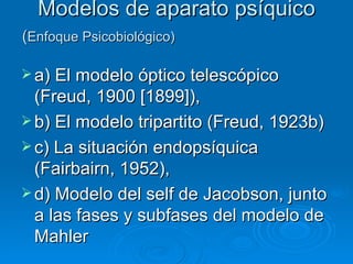 Modelos de aparato psíquico ( Enfoque Psicobiológico)   a) El modelo óptico telescópico (Freud, 1900 [1899]),  b) El modelo tripartito (Freud, 1923b)  c) La situación endopsíquica (Fairbairn, 1952), d) Modelo del self de Jacobson, junto a las fases y subfases del modelo de Mahler  