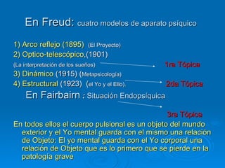 En Freud:  cuatro modelos de aparato psíquico   1)   Arco reflejo (1895)  (El Proyecto)  2) Optico-telescópico ,(1901)  (La interpretación de los sueños)   1ra Tópica   3) Dinámico  (1915) ( Metapsicología) 4) Estructural  (1923)  ( el Yo y el Ello).   2da Tópica En Fairbairn  :   Situación Endopsíquica   3ra Tópica En todos ellos el cuerpo pulsional es un objeto del mundo exterior y el Yo mental guarda con el mismo una relación de Objeto: El yo mental guarda con el Yo corporal una relación de Objeto que es lo primero que se pierde en la patología grave  