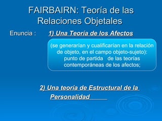 FAIRBAIRN: Teoría de las Relaciones Objetales  Enuncia :  1) Una Teoría de los Afectos   2) Una teoría de Estructural de la  Personalidad  (se generarían y cualificarían en la relación de objeto, en el campo objeto-sujeto):  punto de partida  de las teorías contemporáneas de los afectos;   