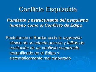Conflicto Esquizoide Fundante y estructurante del psiquismo humano como el Conflicto de Edipo Postulamos el Border sería la  expresión clínica de un intento penoso y fallido de restitución de un conflicto esquizoide  resignificado en el Edipo y sistemáticamente mal elaborado 