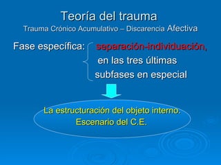 Teoría del trauma  Trauma Crónico Acumulativo – Discarencia  Afectiva Fase específica:  separación-individuación, en las tres últimas  subfases en especial  La estructuración del objeto interno. Escenario del C.E.   