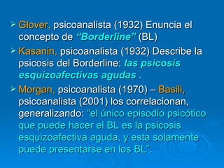 Glover,  psicoanalista (1932) Enuncia el concepto de  “Borderline”  (BL) Kasanin,  psicoanalista (1932) Describe la psicosis del Borderline:  las psicosis esquizoafectivas agudas . Morgan,  psicoanalista (1970) –  Basili,  psicoanalista (2001) los correlacionan, generalizando:  “el único episodio psicótico que puede hacer el BL es la psicosis esquizoafectiva aguda, y esta solamente puede presentarse en los BL”.   