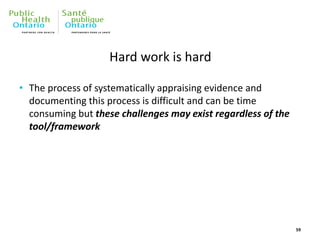 Hard work is hard
• The process of systematically appraising evidence and
documenting this process is difficult and can be time
consuming but these challenges may exist regardless of the
tool/framework
59
 