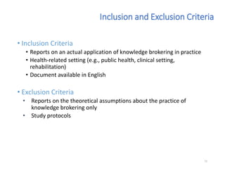 Inclusion and Exclusion Criteria
• Inclusion Criteria
• Reports on an actual application of knowledge brokering in practice
• Health-related setting (e.g., public health, clinical setting,
rehabilitation)
• Document available in English
• Exclusion Criteria
• Reports on the theoretical assumptions about the practice of
knowledge brokering only
• Study protocols
72
 