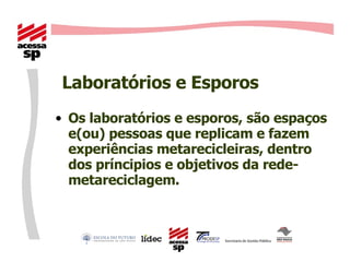 Laboratórios e Esporos‏ Os laboratórios e esporos, são espaços e(ou) pessoas que replicam e fazem experiências metarecicleiras, dentro dos príncipios e objetivos da rede-metareciclagem. 