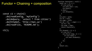 Functor + Chaining + composition
const c1 = chain()
.do(readConfig, 'myConfig')
.do(doQuery, 'select * from cities')
.do(httpGet, 'http://kpi.ua')
.do(readFile, 'README.md');
c1();
function chain(prev = null) {
const cur = () => {
if (cur.prev) {
cur.prev.next = cur;
cur.prev();
} else {
cur.forward();
}
};
cur.prev = prev;
cur.fn = null;
cur.args = null;
cur.do = (fn, ...args) => {
cur.fn = fn;
cur.args = args;
return chain(cur);
};
cur.forward = () => {
if (cur.fn) {
cur.fn(cur.args, () => {
if (cur.next) {
cur.next.forward();
}
});
}
};
return cur;
}
 
