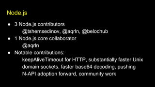 Node.js
● 3 Node.js contributors
@tshemsedinov, @aqrln, @belochub
● 1 Node.js core collaborator
@aqrln
● Notable contributions:
keepAliveTimeout for HTTP, substantially faster Unix
domain sockets, faster base64 decoding, pushing
N-API adoption forward, community work
 