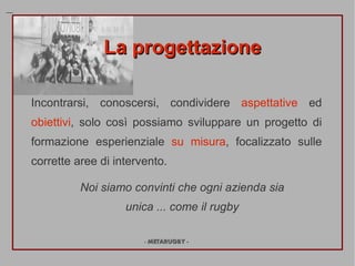 La progettazione

Incontrarsi, conoscersi, condividere aspettative ed
obiettivi, solo cos possiamo sviluppare un progetto di
formazione esperienziale su misura, focalizzato sulle
corrette aree di intervento.

          Noi siamo convinti che ogni azienda sia
                   unica ... come il rugby

                       - METARUGBY -
 