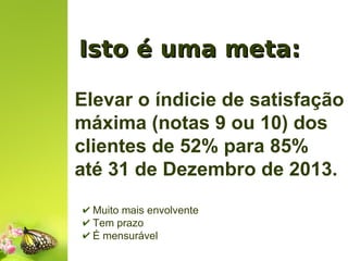 Isto é uma meta:
Elevar o índicie de satisfação
máxima (notas 9 ou 10) dos
clientes de 52% para 85%
até 31 de Dezembro de 2013.
✔ Muito mais envolvente
✔ Tem prazo
✔ É mensurável

 